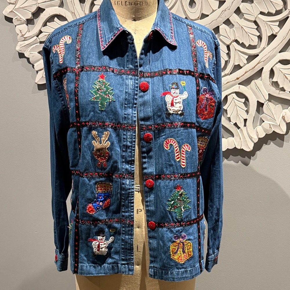 Vintage Dress Barn Christmas theme Denim Jacket embellished with Holiday Patches